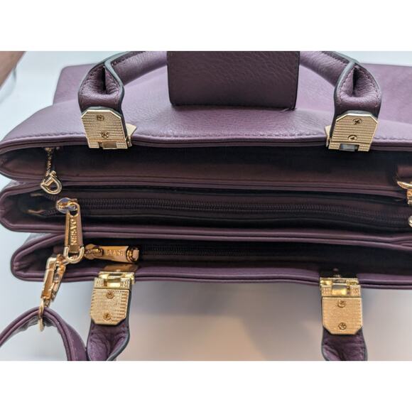 Dasein Purple Leather Gold Tone Metal Three Large Compartment Satchel Handbag - Picture 6 of 14